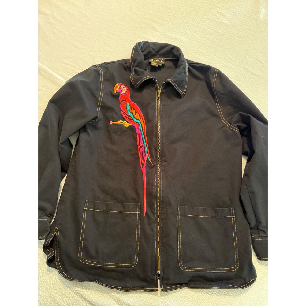 Bob Mackie Wearable Art Black Cotton Parrot Embroidered Zip Up Jacket Womens M